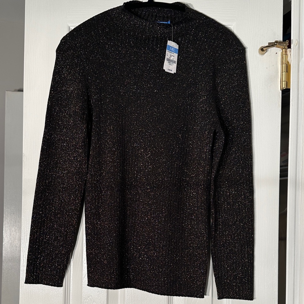 NWT Sylvana Black & Gold Metallic Crew Neck Sweater Holiday Office Elegant